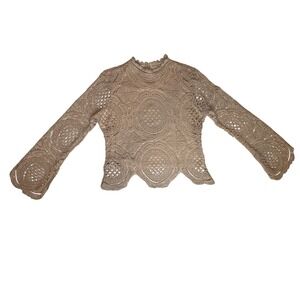 ULTRA PINK‎ Crocheted Lace Top LARGE Tan Lined Bodice Long Bell Sleeves Office